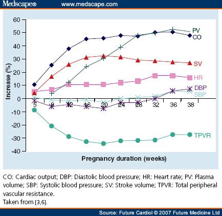 Changes in cardiac output, stroke volume, plasma volume, total peripheral 