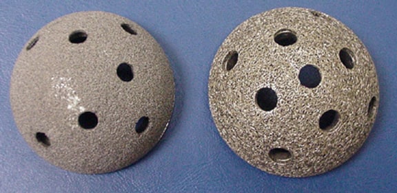 Metallic alloys. Tantalum (left) and titanium (ri...