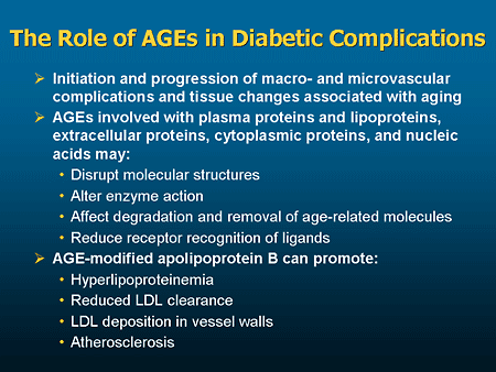 the role of advanced glycation end products In contrast, glycation appears to occur at random molecular sites and generally results in the inhibition of the target molecule’s ability to functionthe products of glycation are called advanced glycation end products (ages. the role of advanced glycation end products In contrast, glycation appears to occur at random molecular sites and generally results in the inhibition of the target molecule’s ability to functionthe products of glycation are called advanced glycation end products (ages.