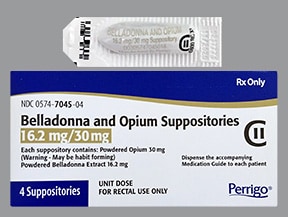 (belladonna and opium) dosing, indications, interactions, adverse
